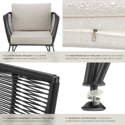 tectake® Loungestoelen Sundo - 2 Fauteuils voor Tuinset, Balkonset of Terras - Wicker Tuinstoelen Set in Rope-Design - Weerbestendig - Inclusief Kussens - Loungestoel Buiten - Loungeset Tuinmeubels