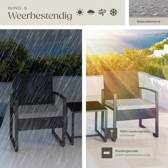 tectake® Tuinset Granada - Voor 2 Personen - 2 Loungestoelen met Bijzettafel - Wicker Zitgroep met Tuinstoelen en Tafel - Balkonmeubelset - Gestoffeerde Weerbestendige Stoelen inclusief Buitentuintafel - Zwart