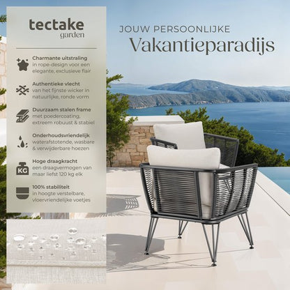 tectake® Loungestoelen Sundo - 2 Fauteuils voor Tuinset, Balkonset of Terras - Wicker Tuinstoelen Set in Rope-Design - Weerbestendig - Inclusief Kussens - Loungestoel Buiten - Loungeset Tuinmeubels