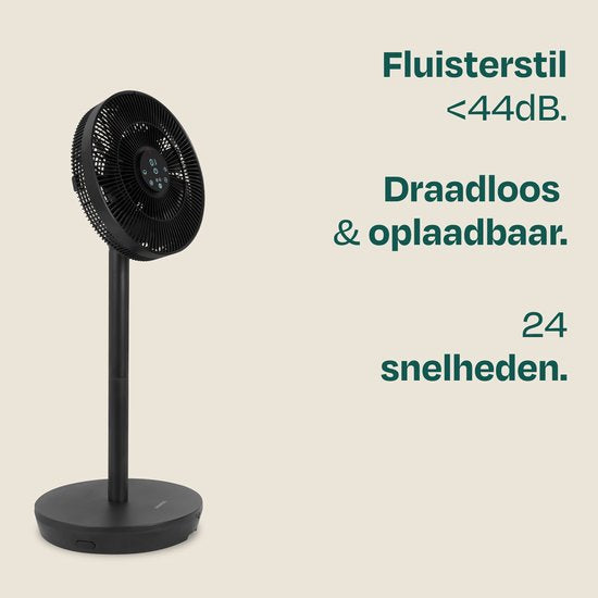 VONROC BREEZE Draadloze Ventilator – Fluisterstil (<44 dB) – 24 snelheden – lichtgewicht en draagbaar - 3 windmodi: Natuurlijk, Slaap, Normaal – Modulair: tafelventilator én vloerventilator – Luxe touchdisplay – Incl. afstandsbediening – Zwart
