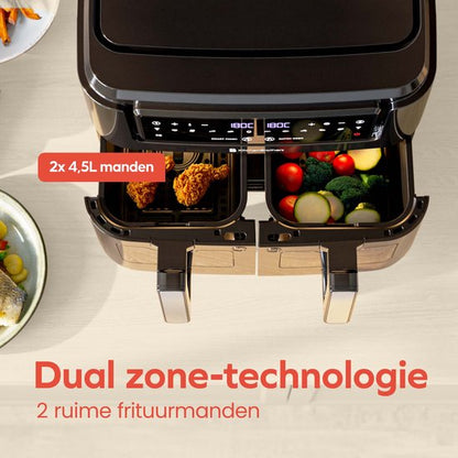 KitchenBrothers Dubbele Airfryer - PFAS-vrij - 2400W - Dual Zone - 9L - Heteluchtfriteuse - Airfryer XXL - 2 x 4.5L - 10 Kookprogramma's - Zwart