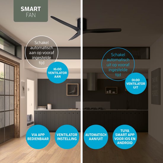 Varin® Smart Plafondventilator - Zwart - Tuya Wifi - Lange bladen - Ø 132cm - 6 snelheden - Super stil 20dB - Met afstandsbediening en gratis app - Ventilatorkachel - Ventilatoren plafond - Plafondventilator - Plafond ventilator slaapkamer
