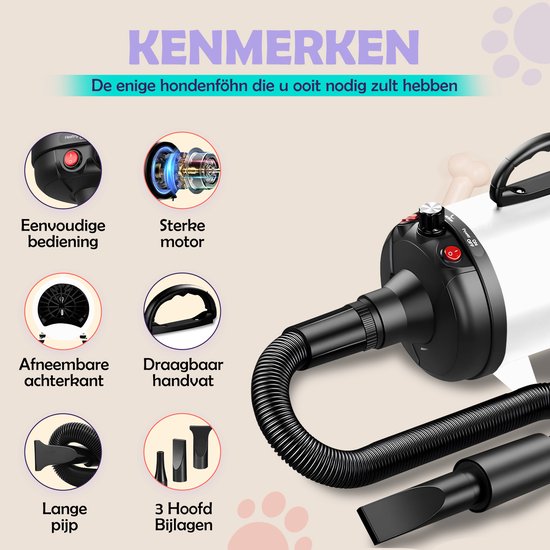 RobustRise Ultra Hondenfohn - 3800W - Wit - extra krachtig - Verstelbaar Vermogen - Waterblazer voor Honden - Hondenfohn met 4 Opzetstukken - Stil Design met geluidsdemper