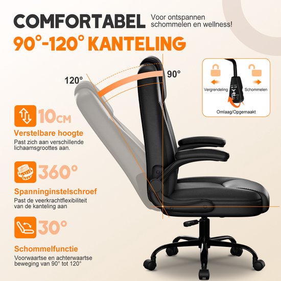 Elekiatech Ergonomische Bureaustoel-Bureaustoel-met 90°-120°Rugleuning Bureaustoelen voor Volwassenen-Inklapbare Armleuningen-Office Chair-Gaming Stoel-150kg - Zwart