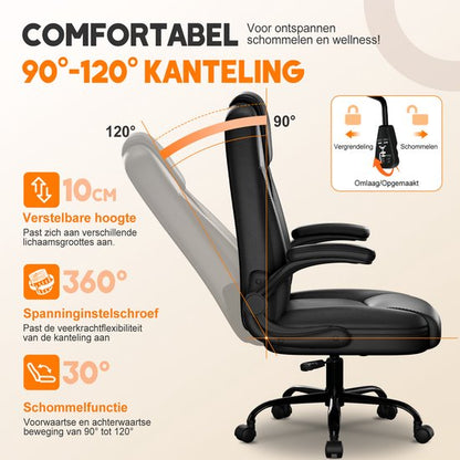 Elekiatech Ergonomische Bureaustoel-Bureaustoel-met 90°-120°Rugleuning Bureaustoelen voor Volwassenen-Inklapbare Armleuningen-Office Chair-Gaming Stoel-150kg - Zwart