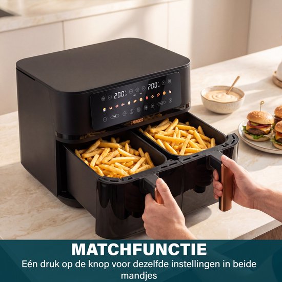 Princess 182272 Dubbele Airfryer - 2x 4.5L - 9 liter - 2 manden - XXL - Touchscreen - Kijkvenster - 12 programma's - 3100W