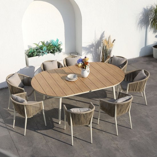 AXI Chay Tuinset met 8 stoelen Houtlook/beige – Gepoedercoat aluminium frame – 8 Personen - Diningset met kussens voor balkon, tuin en terras - Weerbestendig