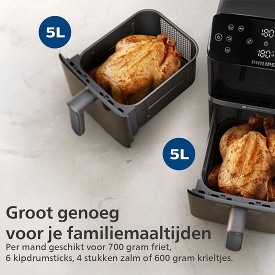 Philips Dual-Stacked Dubbele Airfryer 4000 Series – NA460/00 - PFAS Vrij - 2 Lades (Sync) – 10 L – Tot 6 Personen – Bespaart 45% Ruimte
