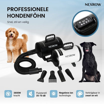 NEXROW® Professionele Hondenföhn 3800W – Waterblazer voor Honden met LCD Display – Stil Design met Negatieve Ionen Functie – 4 Opzetstukken – Wit