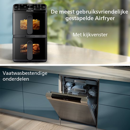 Philips Dual-Stacked Dubbele Airfryer 4000 Series – NA460/00 - PFAS Vrij - 2 Lades (Sync) – 10 L – Tot 6 Personen – Bespaart 45% Ruimte
