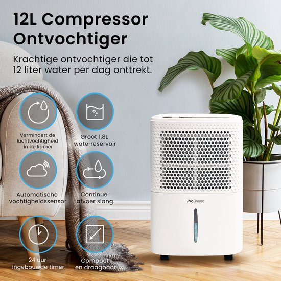 Pro Breeze 12L/dag Luchtontvochtiger – Digitale Vochtigheidsweergave, Slaapmodus, Continue Afvoer Optie en 24-uurs timer – 1.8L Tank Verwijderd Schimmel, Damp en Vocht - Dehumidifier voor Thuis, Garage en Kelder