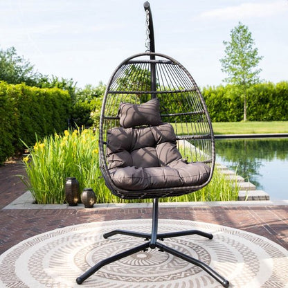 Vita5 Egg Hangstoel – Binnen en Buiten – Cocoon Stoel - met Standaard - tot 150kg – Opvouwbaar - Incl. Kussen en Waterdichte Beschermhoes – Donkerbruin