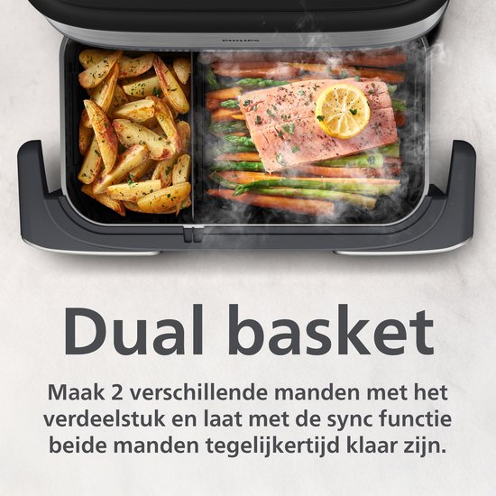 Philips Airfryer Megabasket Met Stoomfunctie 5000-serie – NA565/02 – PFAS vrij - Enkele mand óf Dubbele Mand - SteamClean – 9,5L – Tot 8 Personen – Inclusief Tang