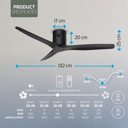 Varin® Smart Plafondventilator - Zwart - Tuya Wifi - Lange bladen - Ø 132cm - 6 snelheden - Super stil 20dB - Met afstandsbediening en gratis app - Ventilatorkachel - Ventilatoren plafond - Plafondventilator - Plafond ventilator slaapkamer