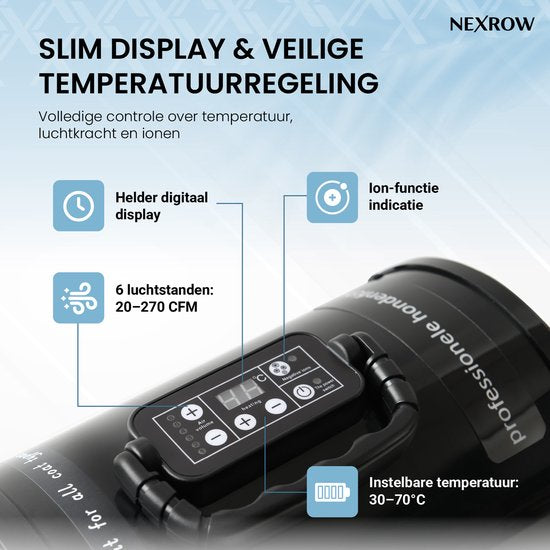 NEXROW® Professionele Hondenföhn 3800W – Waterblazer voor Honden met LCD Display – Stil Design met Negatieve Ionen Functie – 4 Opzetstukken – Zwart