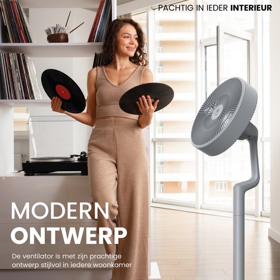 AirKing Statiefventilator - Extreem Stil en energiezuinige ventilator met 15 snelheden, DC Motor, Timer en Nachtmodus - In hoogte verstelbaar (60-105cm) - Horizontale + verticale oscillatie - Grijs