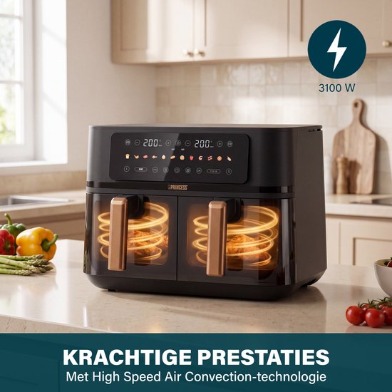 Princess 182272 Dubbele Airfryer - 2x 4.5L - 9 liter - 2 manden - XXL - Touchscreen - Kijkvenster - 12 programma's - 3100W