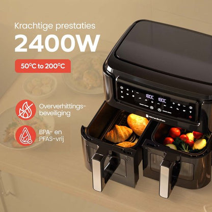 KitchenBrothers Dubbele Airfryer - PFAS-vrij - 2400W - Dual Zone - 9L - Heteluchtfriteuse - Airfryer XXL - 2 x 4.5L - 10 Kookprogramma's - Zwart