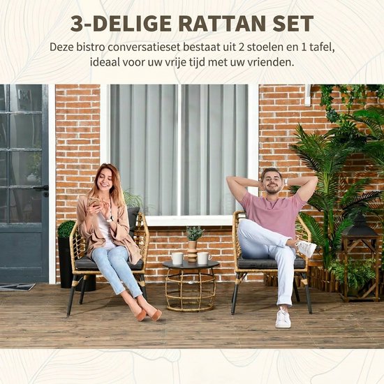 Balkonset 2 personen - Tuinset - Bistroset - Zwart - 3 delig - Met kussens - Tuintafel en 2 stoelen - Gecoat staal - Onderhoudsvrij staal