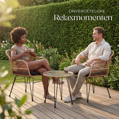 tectake® Tuinset Molfetta - Outdoor Wicker Zitgroep - Meubel voor 2 Personen - 3-delige Bistroset - Balkonmeubel - Tuinmeubelset met 2 Stoelen + Tafel - Kleine Weerbestendige Lounge voor Tuin, Balkon, Terras