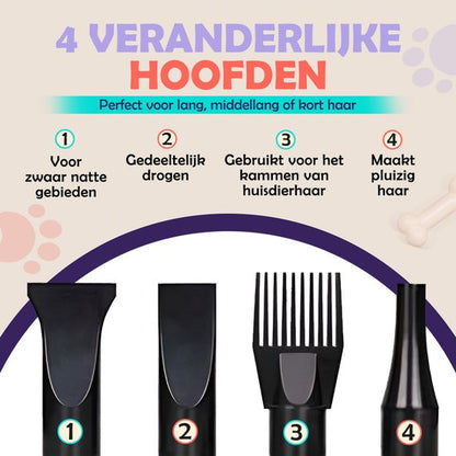 RobustRise Ultra Hondenfohn - 3800W - Wit - extra krachtig - Verstelbaar Vermogen - Waterblazer voor Honden - Hondenfohn met 4 Opzetstukken - Stil Design met geluidsdemper
