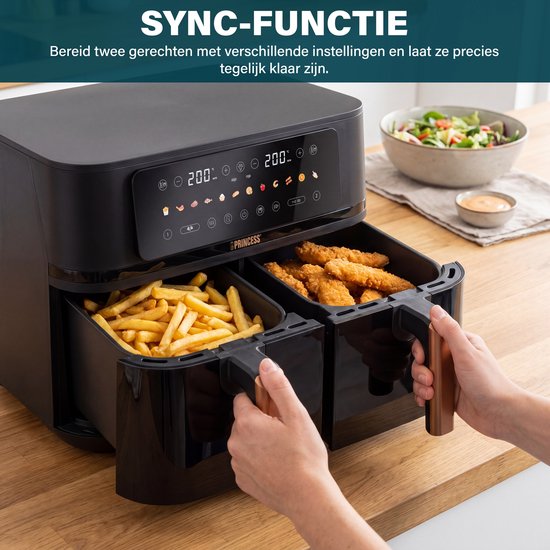 Princess 182272 Dubbele Airfryer - 2x 4.5L - 9 liter - 2 manden - XXL - Touchscreen - Kijkvenster - 12 programma's - 3100W