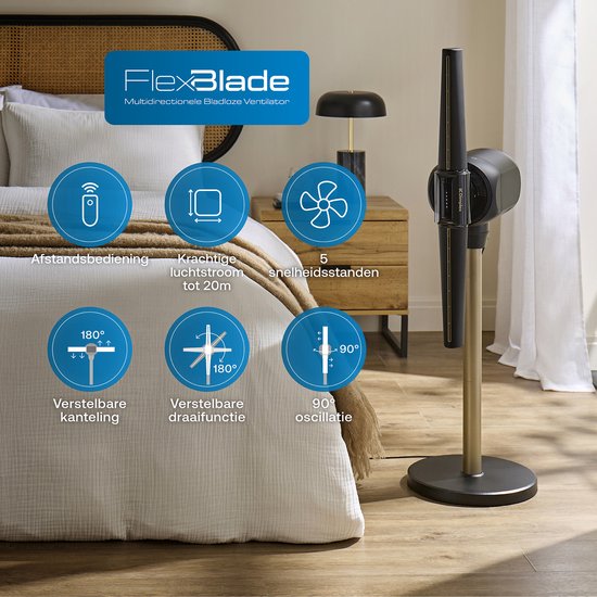 Dimplex FlexBlade Ventilator Bladloos – Oscillerende Tafelventilator - 180° Kantelbaar - 5 Snelheden & Timer - 20m Bereik – Waaier (36dB) - Magnetische Afstandsbediening