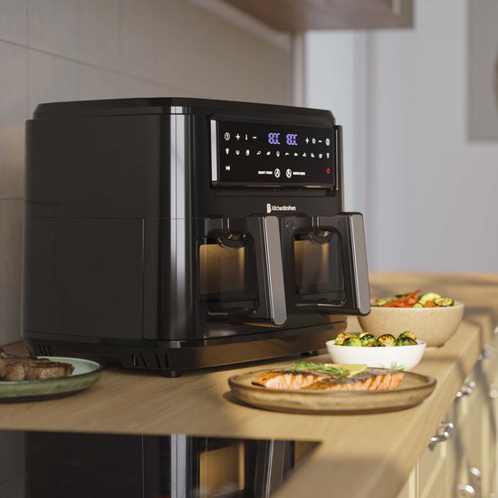 KitchenBrothers Dubbele Airfryer - PFAS-vrij - 2400W - Dual Zone - 9L - Heteluchtfriteuse - Airfryer XXL - 2 x 4.5L - 10 Kookprogramma's - Zwart