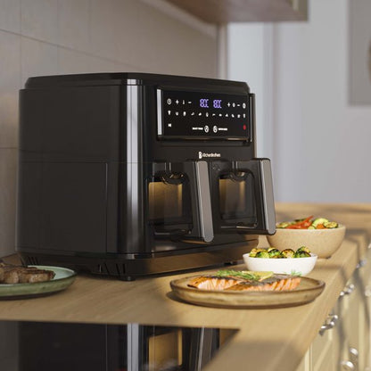 KitchenBrothers Dubbele Airfryer - PFAS-vrij - 2400W - Dual Zone - 9L - Heteluchtfriteuse - Airfryer XXL - 2 x 4.5L - 10 Kookprogramma's - Zwart