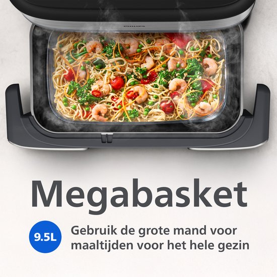 Philips Airfryer Megabasket Met Stoomfunctie 5000-serie – NA565/02 – PFAS vrij - Enkele mand óf Dubbele Mand - SteamClean – 9,5L – Tot 8 Personen – Inclusief Tang