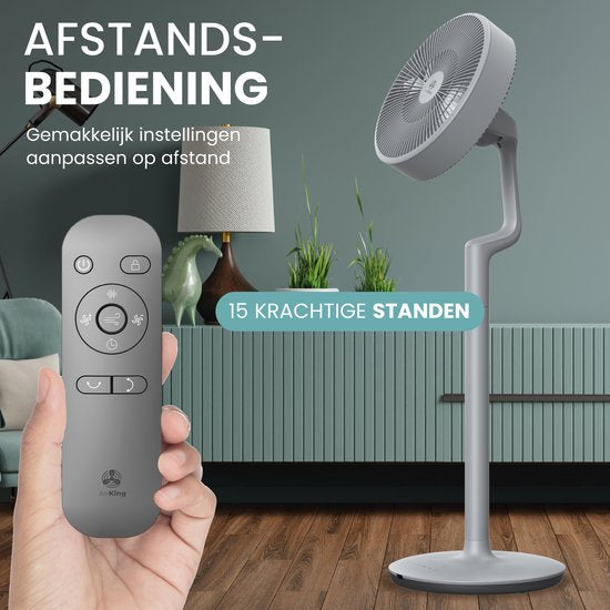 AirKing Statiefventilator - Extreem Stil en energiezuinige ventilator met 15 snelheden, DC Motor, Timer en Nachtmodus - In hoogte verstelbaar (60-105cm) - Horizontale + verticale oscillatie - Grijs