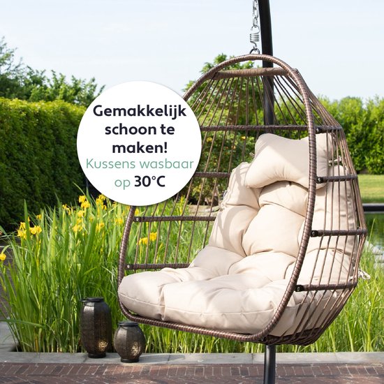 Vita5 Egg Hangstoel – Voor Binnen en Buiten – tot 150kg – Opvouwbaar - Incl. Standaard, Kussen en Waterdichte Beschermhoes – Cocoon Stoel - Crème Wit