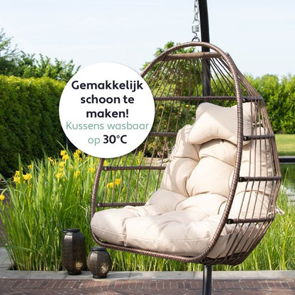 Vita5 Egg Hangstoel – Voor Binnen en Buiten – tot 150kg – Opvouwbaar - Incl. Standaard, Kussen en Waterdichte Beschermhoes – Cocoon Stoel - Crème Wit