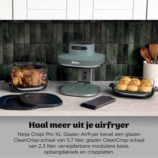 Ninja CRISPi PRO 7-in-1 Glazen Airfryer met 7 functies - Airfryen, Bakken, Braden, Rijzen, Drogen. Max Crisp en Opnieuw krokant maken - 2.3 liter en 5.7 liter glazen schaal - PFAS vrij koken - Grijsgroen - AS101EUGY