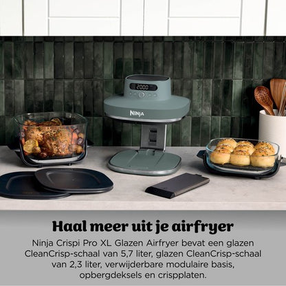Ninja CRISPi PRO 7-in-1 Glazen Airfryer met 7 functies - Airfryen, Bakken, Braden, Rijzen, Drogen. Max Crisp en Opnieuw krokant maken - 2.3 liter en 5.7 liter glazen schaal - PFAS vrij koken - Grijsgroen - AS101EUGY