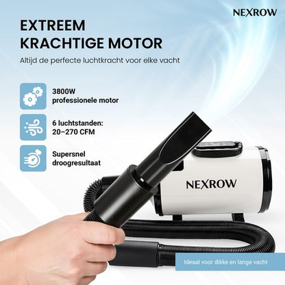 NEXROW® Professionele Hondenföhn 3800W – Waterblazer voor Honden met LCD Display – Stil Design met Negatieve Ionen Functie – 4 Opzetstukken – Wit