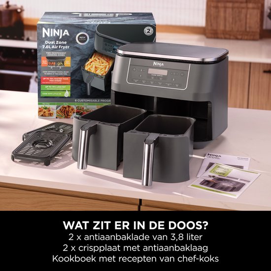 Ninja Dubbele Airfryer XXL - 7.6 L - Nieuw 2026 Model - 40 tot 240 Graden - 2470 W Vermogen - Dual Zone Technologie - DZ300EU