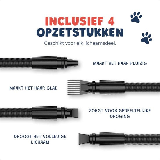 JC Pets Professionele Hondenfohn - Waterblazer voor Honden - Hondenblazer met geluiddemper - Haardroger Hond - Stil Model - Inclusief 4 Opzetstukken - 2800W