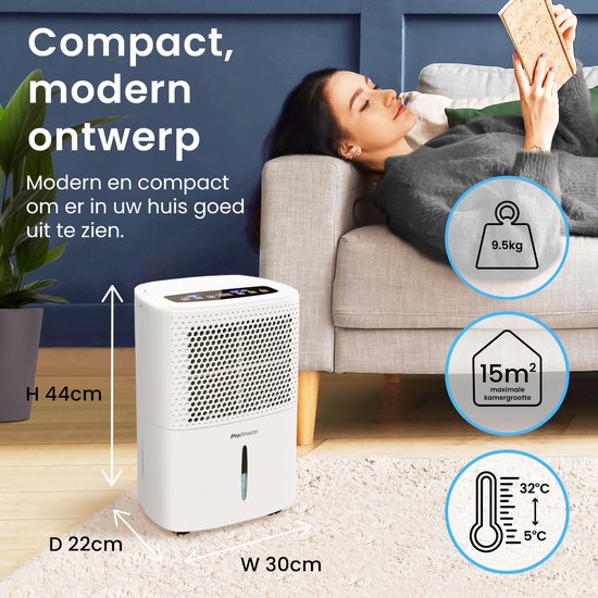 Pro Breeze 12L/dag Luchtontvochtiger – Digitale Vochtigheidsweergave, Slaapmodus, Continue Afvoer Optie en 24-uurs timer – 1.8L Tank Verwijderd Schimmel, Damp en Vocht - Dehumidifier voor Thuis, Garage en Kelder