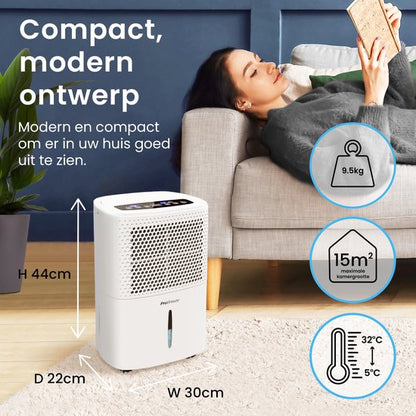 Pro Breeze 12L/dag Luchtontvochtiger – Digitale Vochtigheidsweergave, Slaapmodus, Continue Afvoer Optie en 24-uurs timer – 1.8L Tank Verwijderd Schimmel, Damp en Vocht - Dehumidifier voor Thuis, Garage en Kelder
