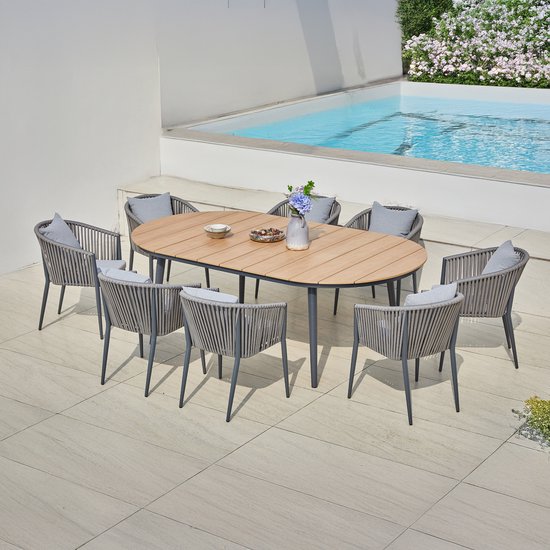 AXI Chay Tuinset met 8 stoelen Houtlook/antraciet – Gepoedercoat aluminium frame – 8 Personen - Dining set met kussens voor balkon, tuin en terras - Weerbestendig