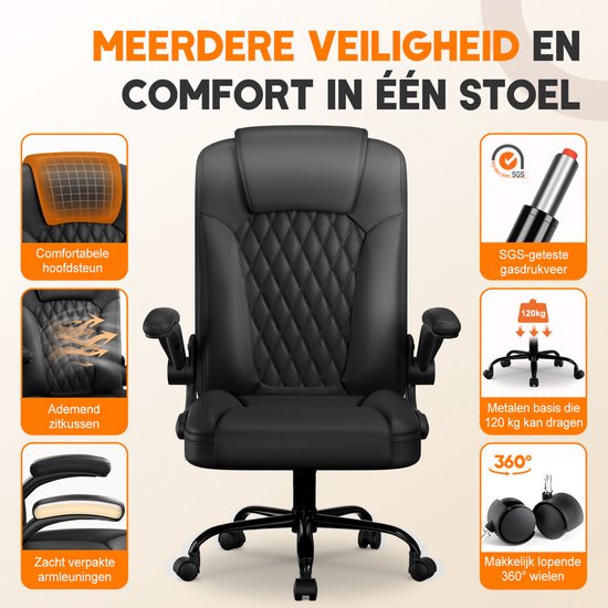 Elekiatech Ergonomische Bureaustoel-Bureaustoel-met 90°-120°Rugleuning Bureaustoelen voor Volwassenen-Inklapbare Armleuningen-Office Chair-Gaming Stoel-150kg - Zwart