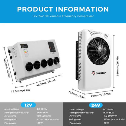 Airconditioner - Air conditioning - 10000 BTU - 150-500m³/u - 1-3KW - 24V Efficiënte Koeling, Met Afstandsbediening, voor RV, camper, Vrachtwagens, Boten