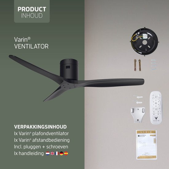 Varin® Smart Plafondventilator - Zwart - Tuya Wifi - Lange bladen - Ø 132cm - 6 snelheden - Super stil 20dB - Met afstandsbediening en gratis app - Ventilatorkachel - Ventilatoren plafond - Plafondventilator - Plafond ventilator slaapkamer