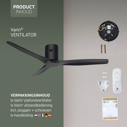 Varin® Smart Plafondventilator - Zwart - Tuya Wifi - Lange bladen - Ø 132cm - 6 snelheden - Super stil 20dB - Met afstandsbediening en gratis app - Ventilatorkachel - Ventilatoren plafond - Plafondventilator - Plafond ventilator slaapkamer
