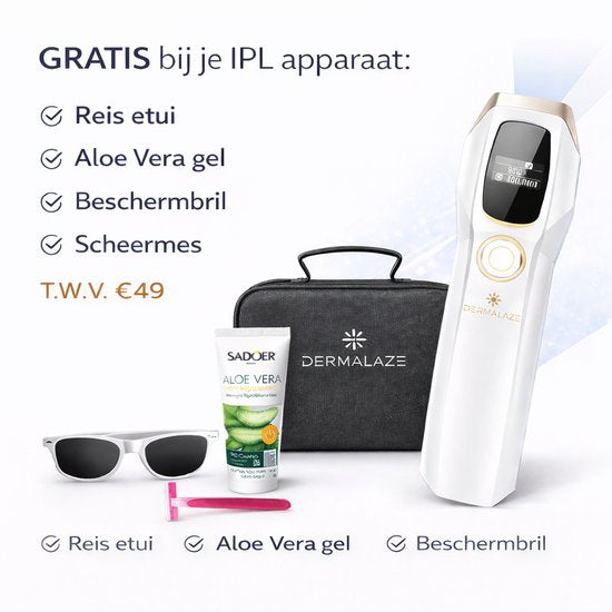 Dermalaze IPL Ontharingsapparaat – IPL Laser voor Permanente Haarverwijdering – Voor Mannen & Vrouwen – Pijnloos Thuisgebruik – Met LED Scherm –1.000.000 Flitsen – Scheermes – Beschermbril – 10 Standen – Ontharingsapparaten