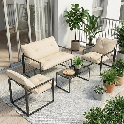 Pugsdrly Tuinsets, 1 glazen tafel, 2 fauteuils, 1 bank, weerbestendig, 114 cm x 70 cm x 67 cm, grijs + beige