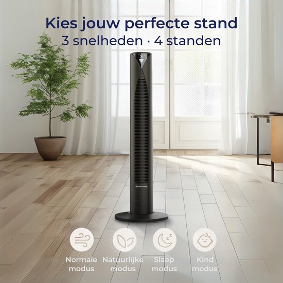 CoolHome CF2205 Ventilator - Stille torenventilator met afstandsbediening - Waaier met timer - Ventilator staand - Tower fan met dimbaar LED scherm - 96 cm - Zwart