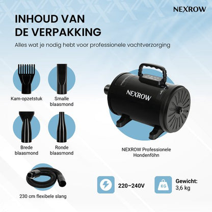 NEXROW® Professionele Hondenföhn 3800W – Waterblazer voor Honden met LCD Display – Stil Design met Negatieve Ionen Functie – 4 Opzetstukken – Zwart