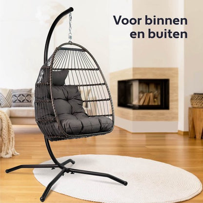 Vita5 Egg Hangstoel – Binnen en Buiten – Cocoon Stoel - met Standaard - tot 150kg – Opvouwbaar - Incl. Kussen en Waterdichte Beschermhoes – Donkerbruin